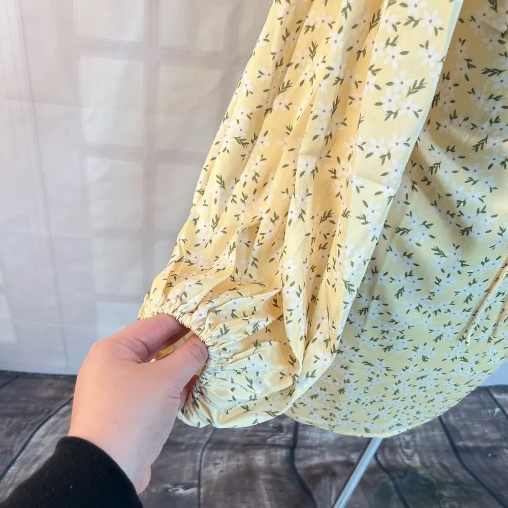luxe NWT xandria yellow satin floral balloon sleeve mini dress size s - Image 3