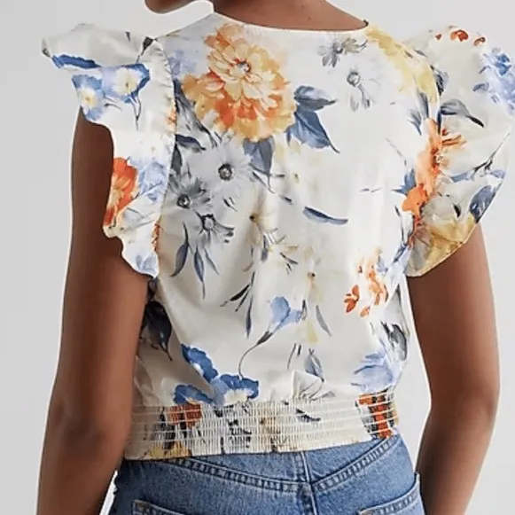 Express Floral Ruffle Sleeve V Neck Ruched Blouse Top Womens XS Pink Blue Orange - Image 12