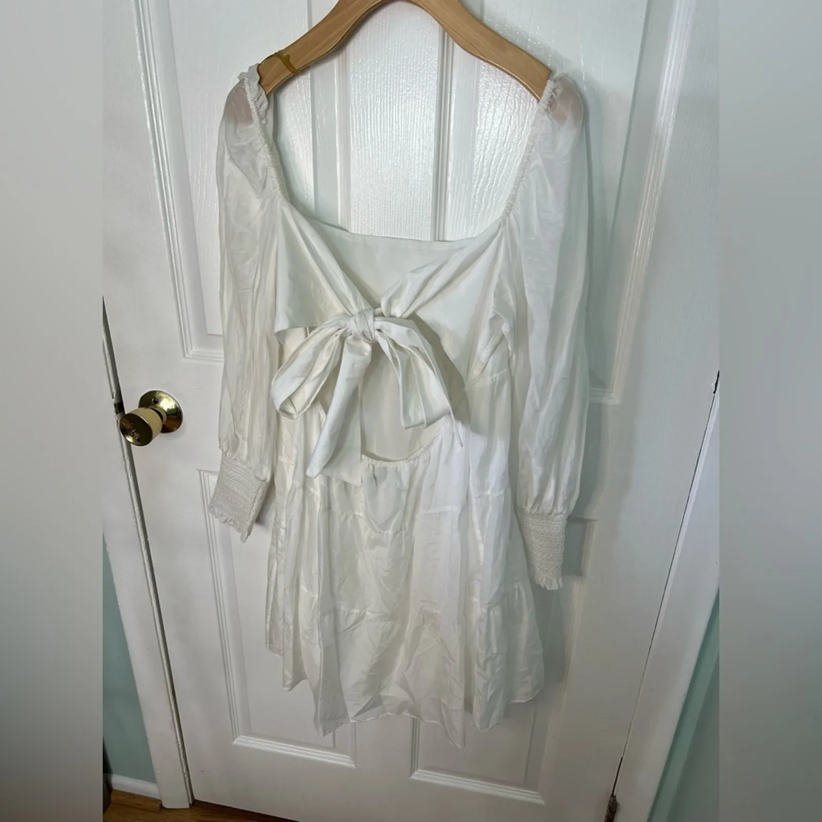 Alice + Olivia White Silk Cotton Rowen Tiered Long Sleeve Babydoll Mini Dress L - Image 7