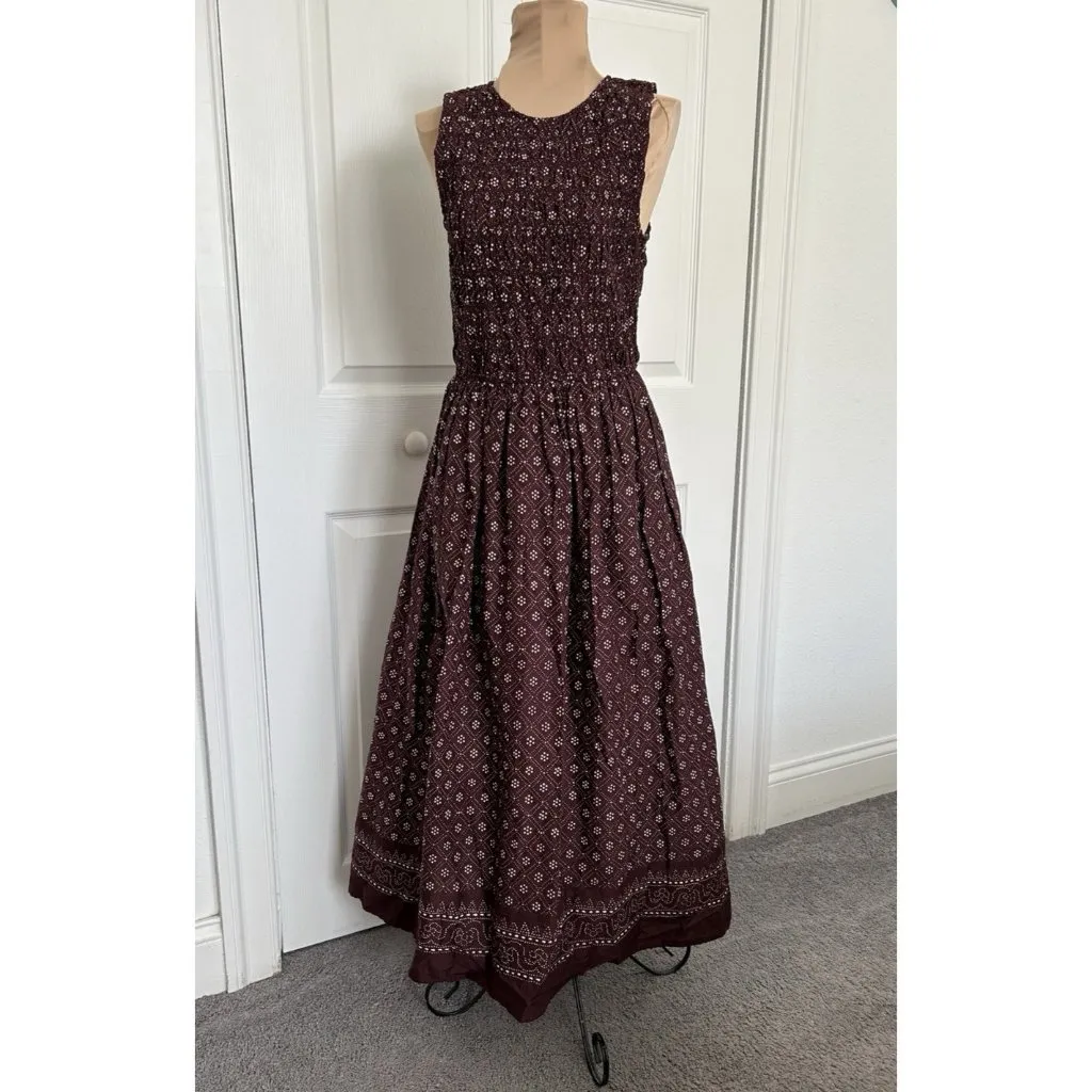 Madewell $158 Selena Midi Dress Smocked Daisy Print Plum Purple Pockets Size L - Image 3