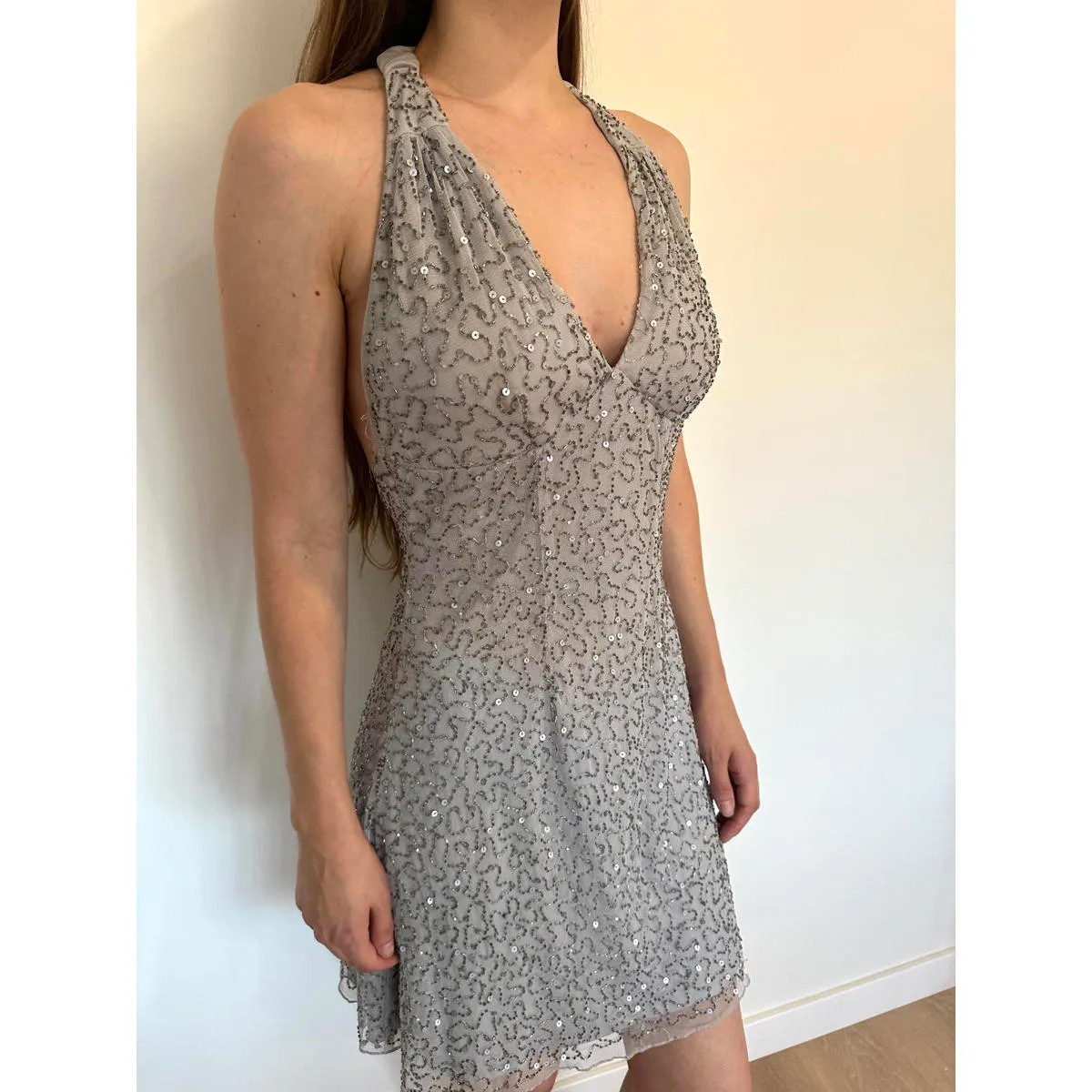 Silver Beaded Halter Y2K Party Formal Mini Dress Morgan & Co - Image 3