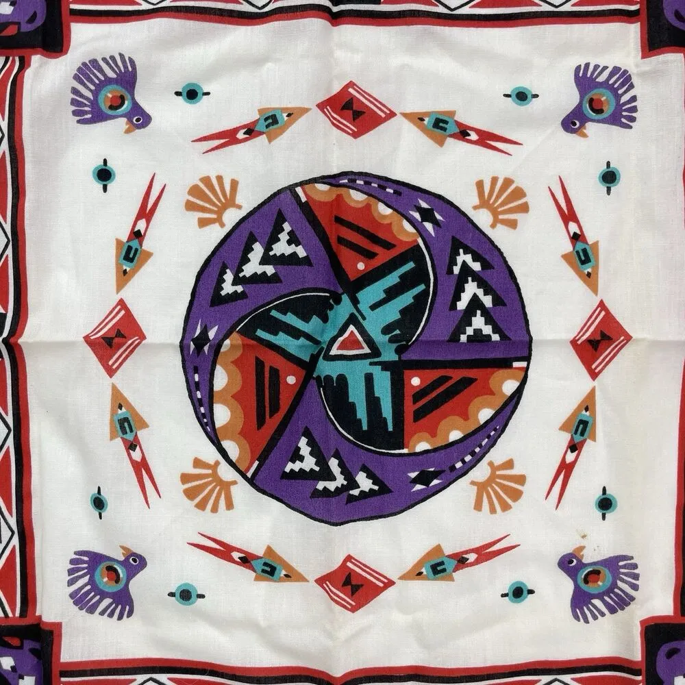 Vintage Wamcraft Bandana Handkerchief Aztec Native American Turquoise Purple Blue - Image 2