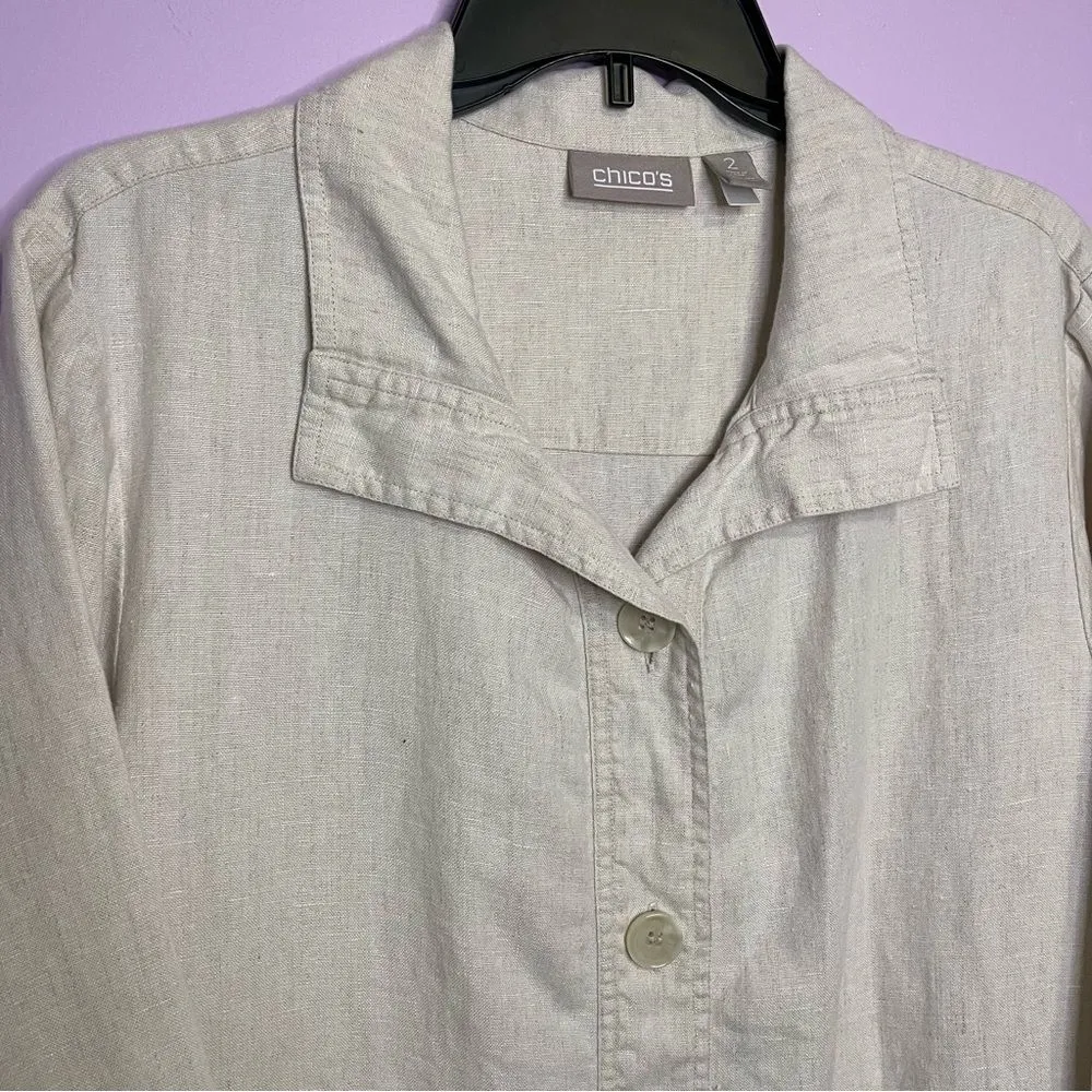 Chico's 100% Linen Jacket Cardigan Breezy Beige Lagenlook Button Collar Large - Image 2