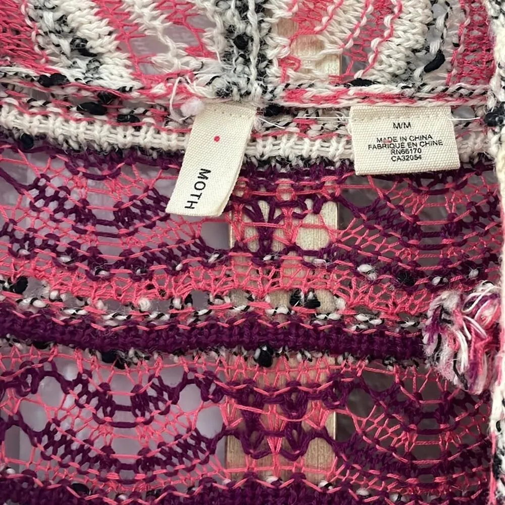 Anthropologie Moth Kasimira Open Knit Cardigan Pom Poms Pink Spring Lightweight - Image 3