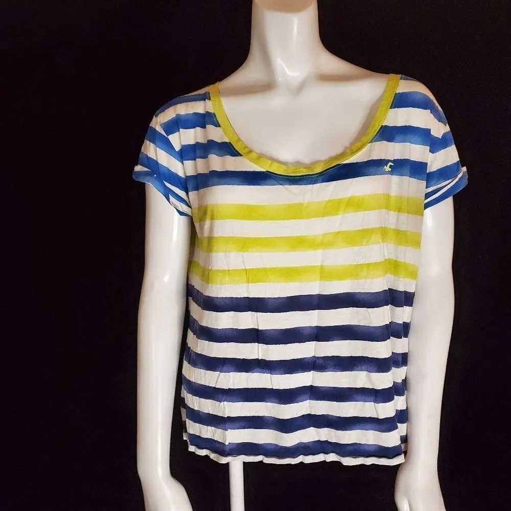 Hollister White, Blue, & Yellow Striped Short Sleeve Tee Shirt (L) - Image 2