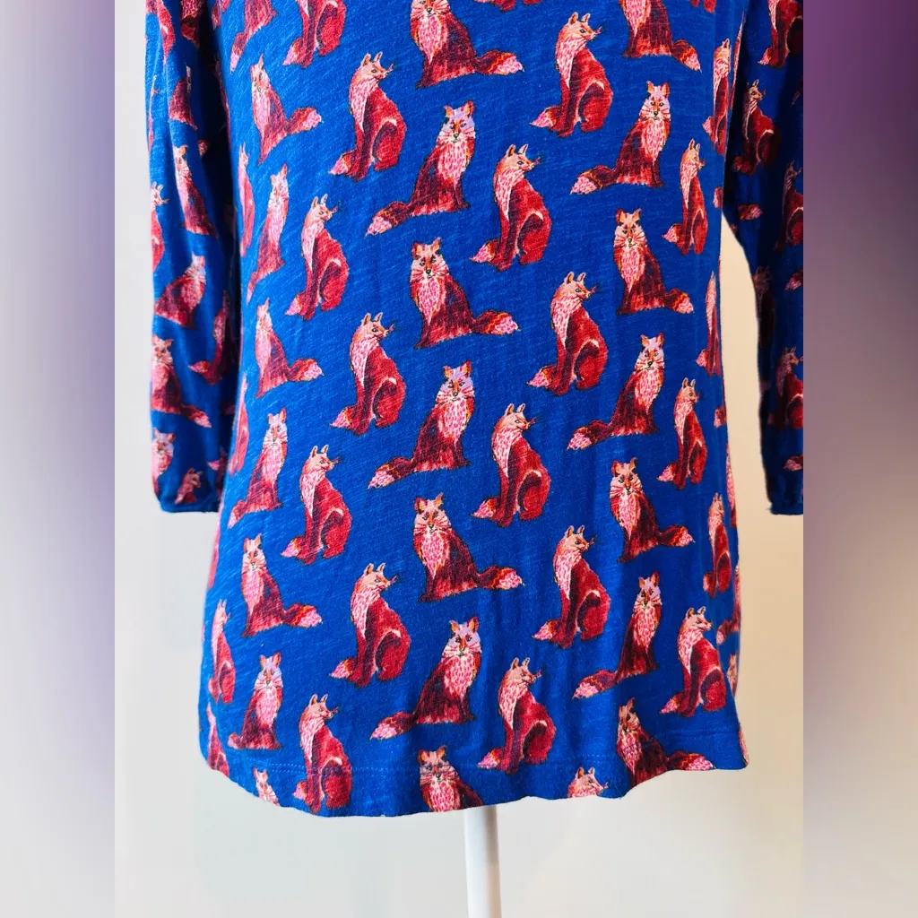 Anthropologie Postmark Forest Fete Fox Print Scoopneck Top Blue Size M - Image 6