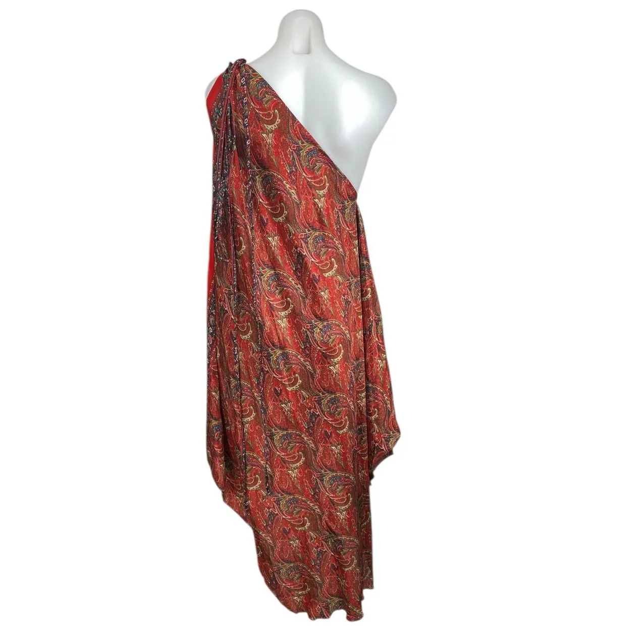 Women's Red Silk Paisley Print Sleeveless One Shoulder Midi Scarf Wrap Dress M Size M - Image 3