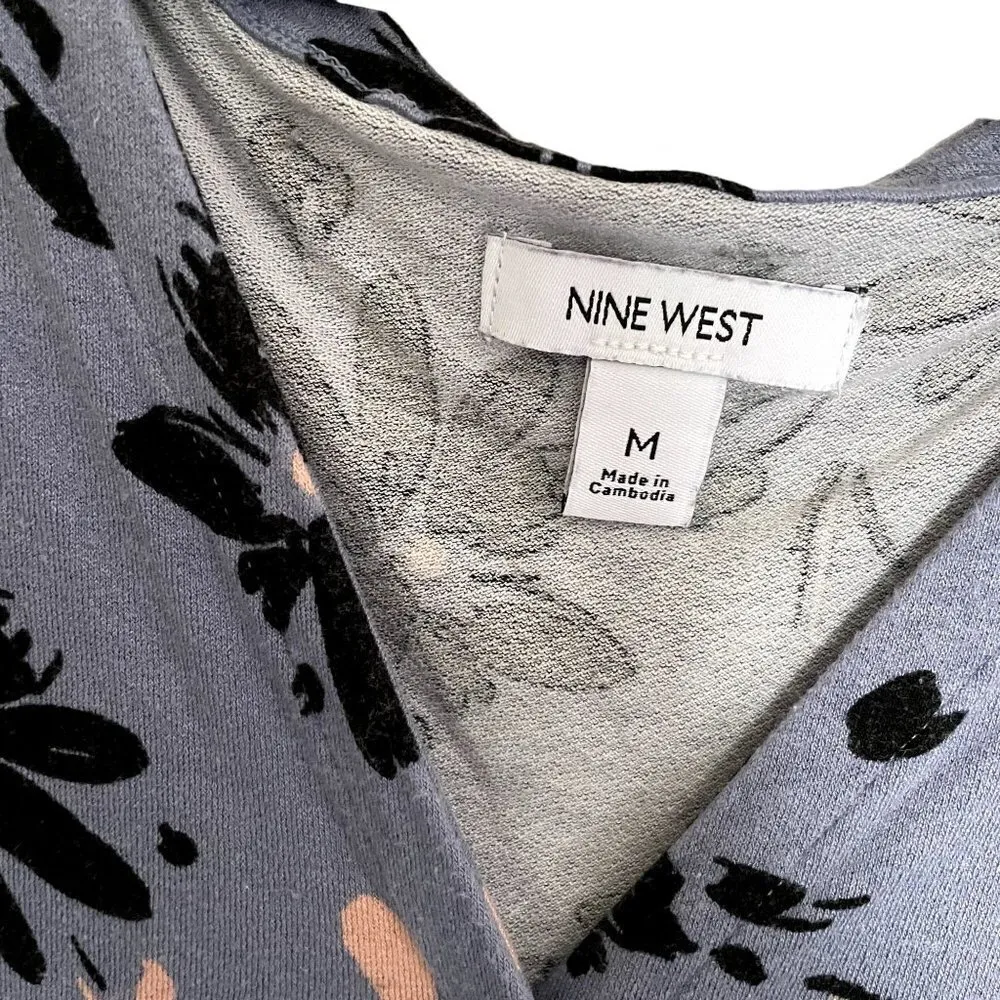 Nine West blue v-neck sleeveless summer blouse shirt knot bow classic rayon top - Image 3