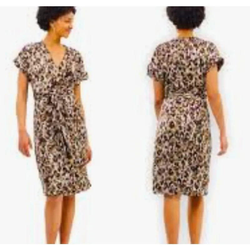 NWT J.CREW Brown Green Leopard Animal Camo Print Surplice Neck Wrap Dress SMALL - Image 2