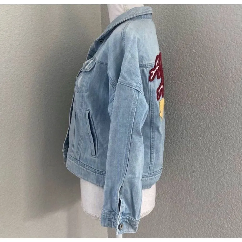JasonWood Patchwork Embroidered Distressed Jean Jacket Size Medium Blue - Image 2