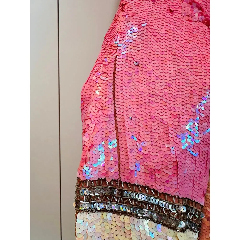 Vintage 80s Silk Sequin Pink Cocktail Dress Medium Fit Knee Length Sparkle Shine Size 6 - Image 5