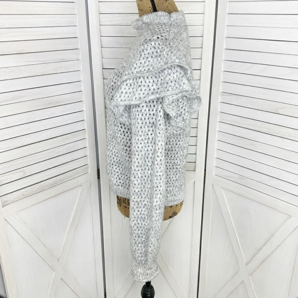 Broadway 38 Anthropologie Ruffle Shoulder Open Knit Sweater Gray XS Wool Blend - Image 2