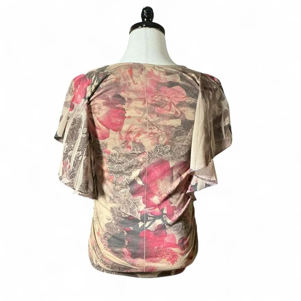 Y2K Espresso Women's Floral Print Gathered Side Short Sleeve Top Size S - Image 2
