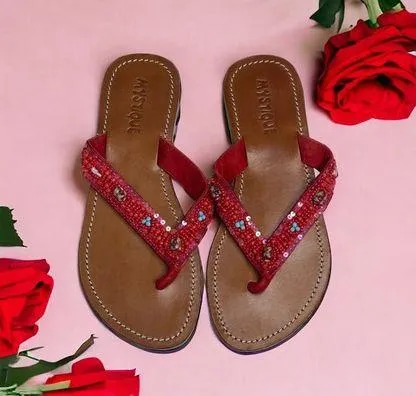 new Mystique ✿ Blown Glass Bead Sequin Thong Sandals ✿ Red 7M ✿ Handmade in Bali - Image 2