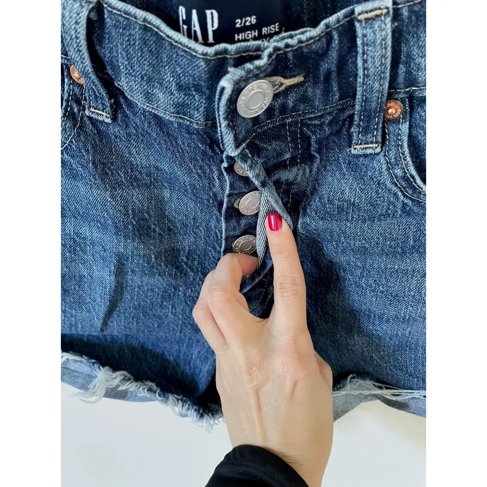 Gap High Rise Raw Hem Cheeky Button Fly Denim Shorts Blue Size 2 - Image 5
