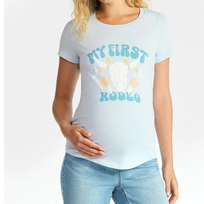Maternity T Shirt My First Rodeo Bull Skull Graphic Blue Short Sleeve Top L Size undefined - Image 4