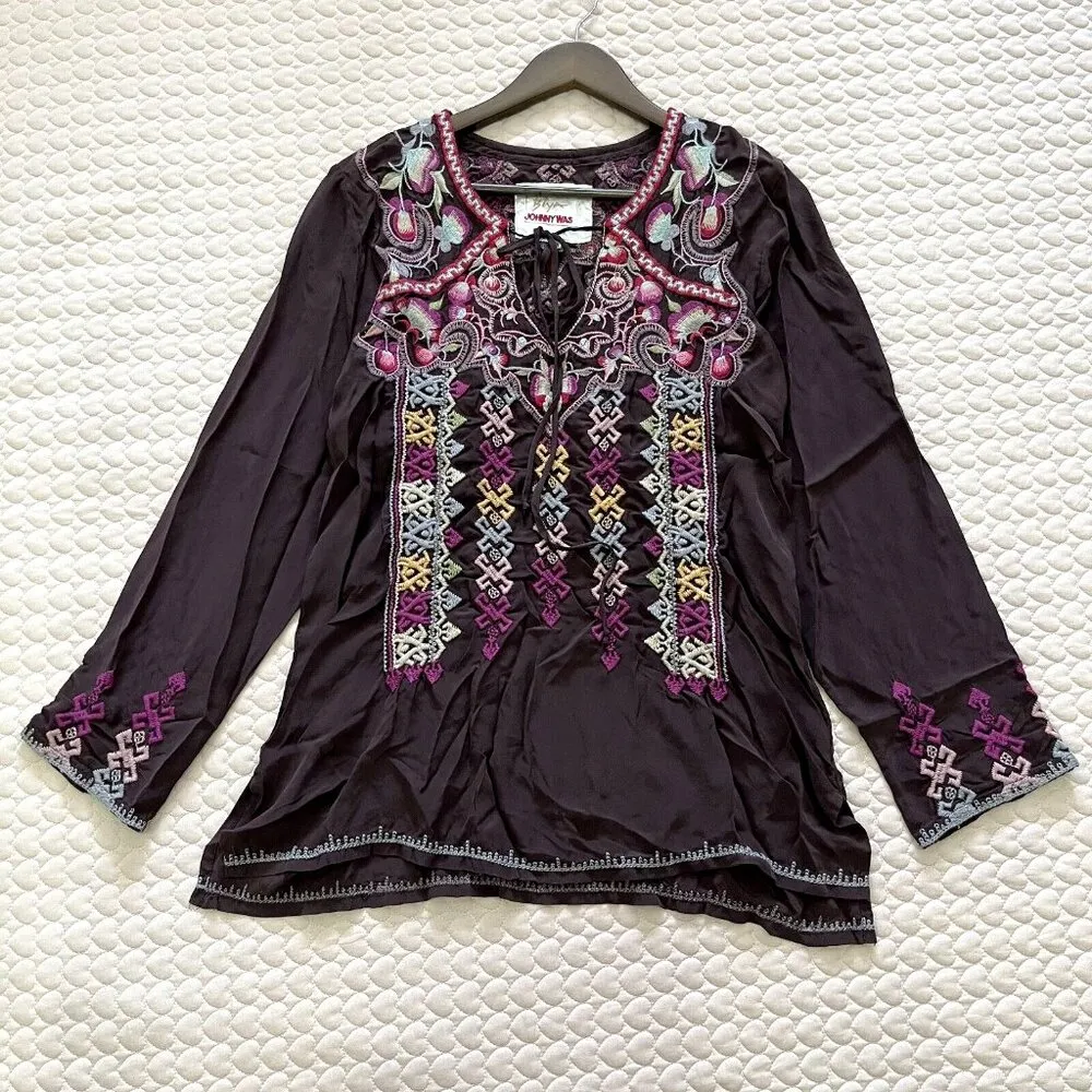 NWOT Johnny Was Embroidered Long sleeve Biya Silk Tunic Blouse Size XS - Image 2