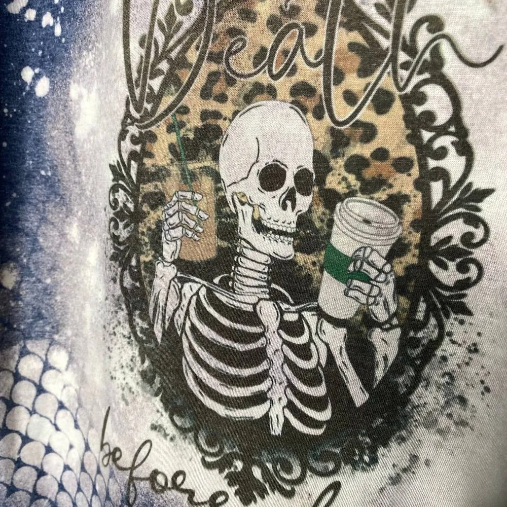 Gildan Death Before Coffee Skeleton Bleach Dye Graphic Tee Medium Short Sleeve - Image 5