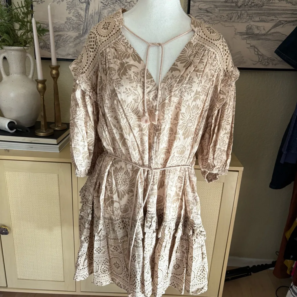 SPELL & THE GYPSY Lioness Boho Paisley Floral Ruffle‎ Tunic Dress in Smoke XS Tan - Image 3