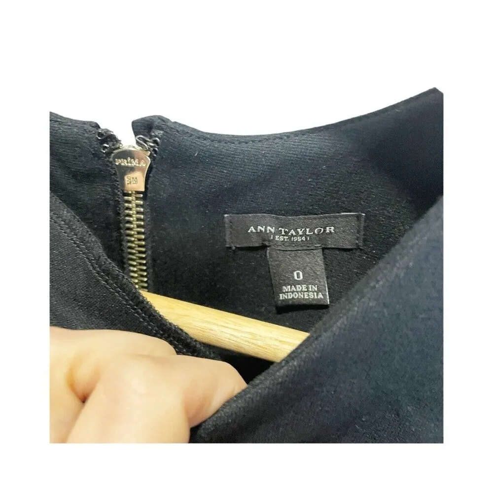 Ann Taylor Black Stretch Rayon Poly Midi Shift Dress 3/4 Sleeves 0 Zip Back - Image 4