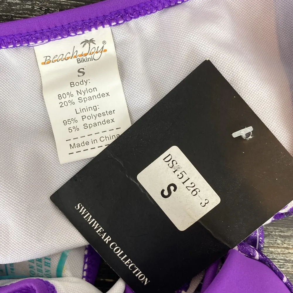 Beach Joy Purple & White Print Padded Contour Cup 1 Piece Swim Bathing Suit S - Image 6