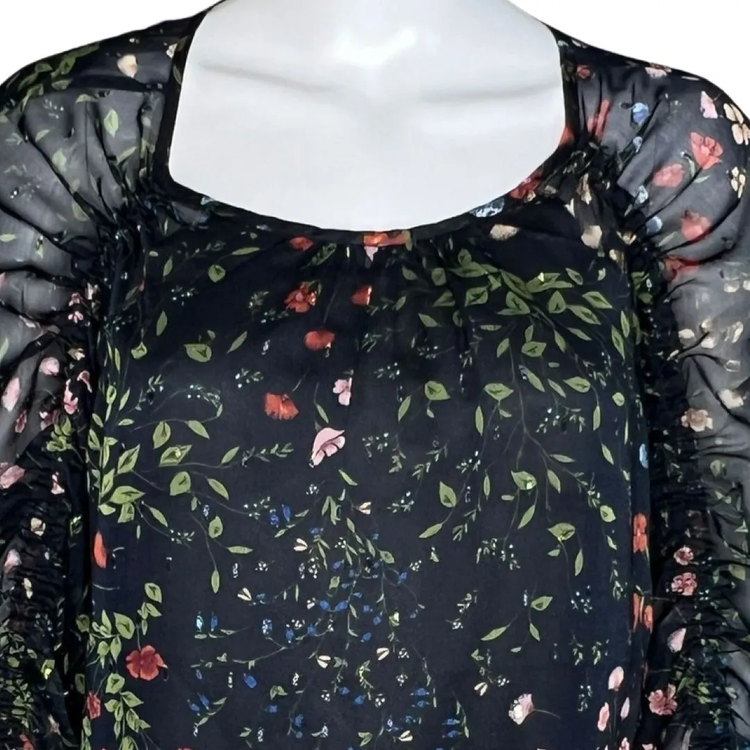 Joie Shirt Womens Medium Black Pink Floral Cinched Square Neck Chiffon‎ Casual - Image 5