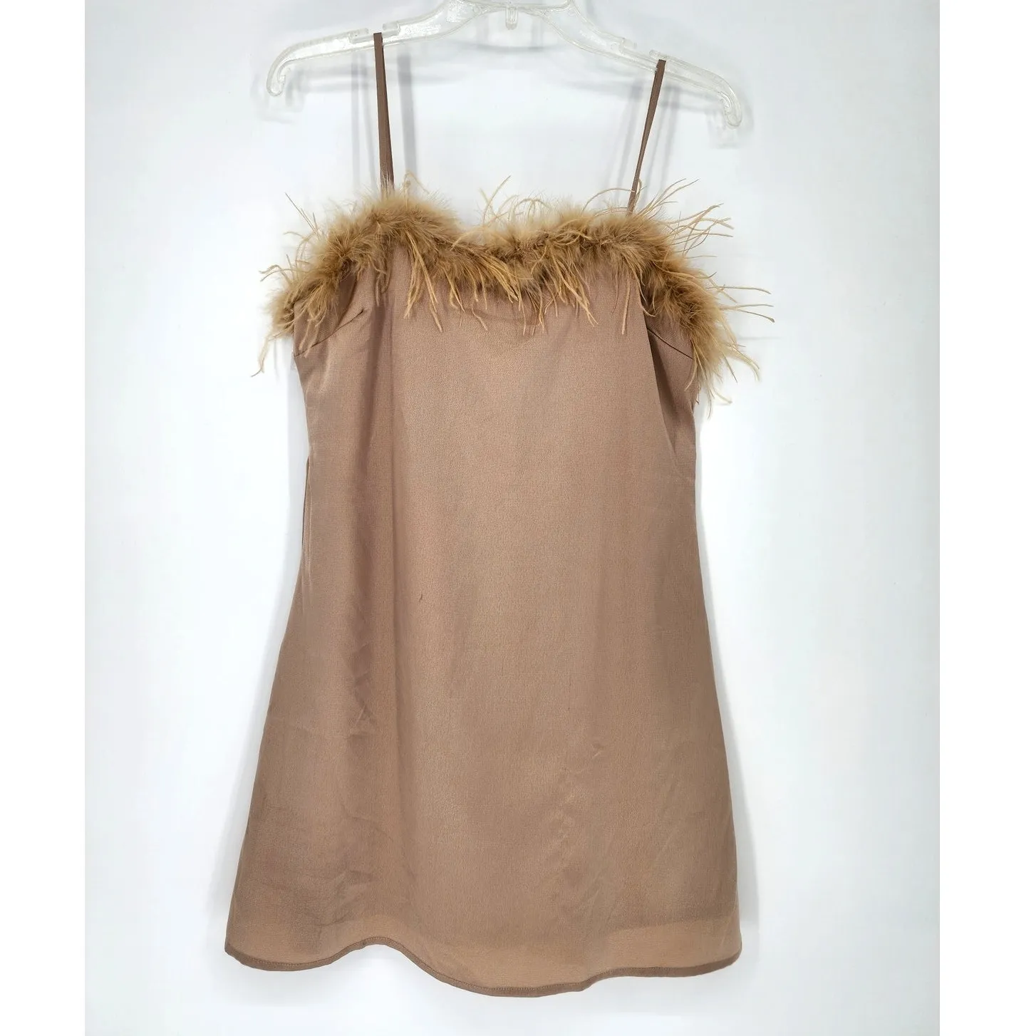 Charmed Hearts Tan Feather Trim Slip Dress Beige Women’s Size: M - Image 2