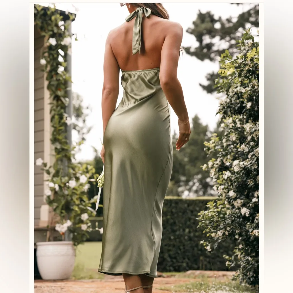 PETAL & PUP NWOT Olive Green Satin Grasie Midi Dress M US 10 - Image 2