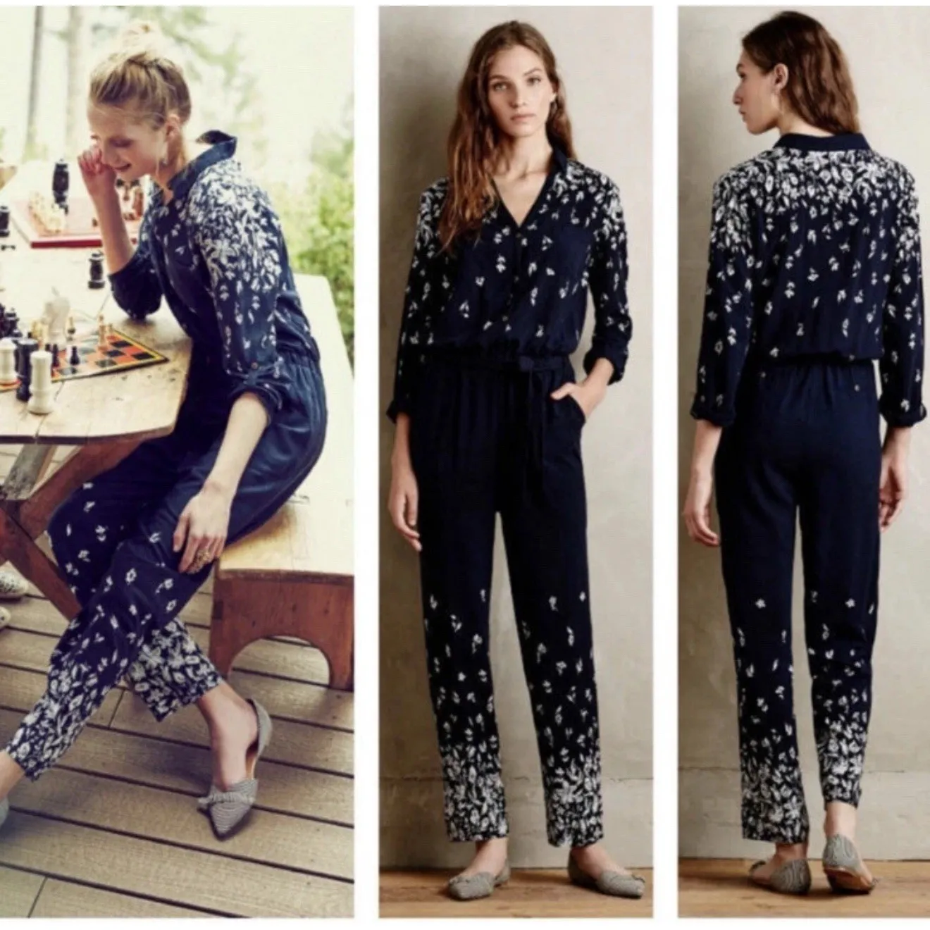 Anthropologie Lilka Navy Blue White Floral‎ Lakeshore Long Sleeve Jumpsuit XS - Image 2