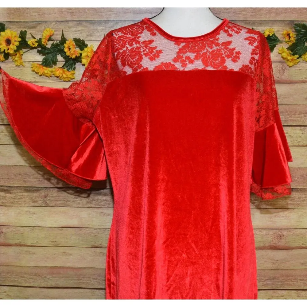 C.O.C. Red Velvet Midi Sheath Dress Plus Size 3X Floral Lace Short Bell Sleeve - Image 4