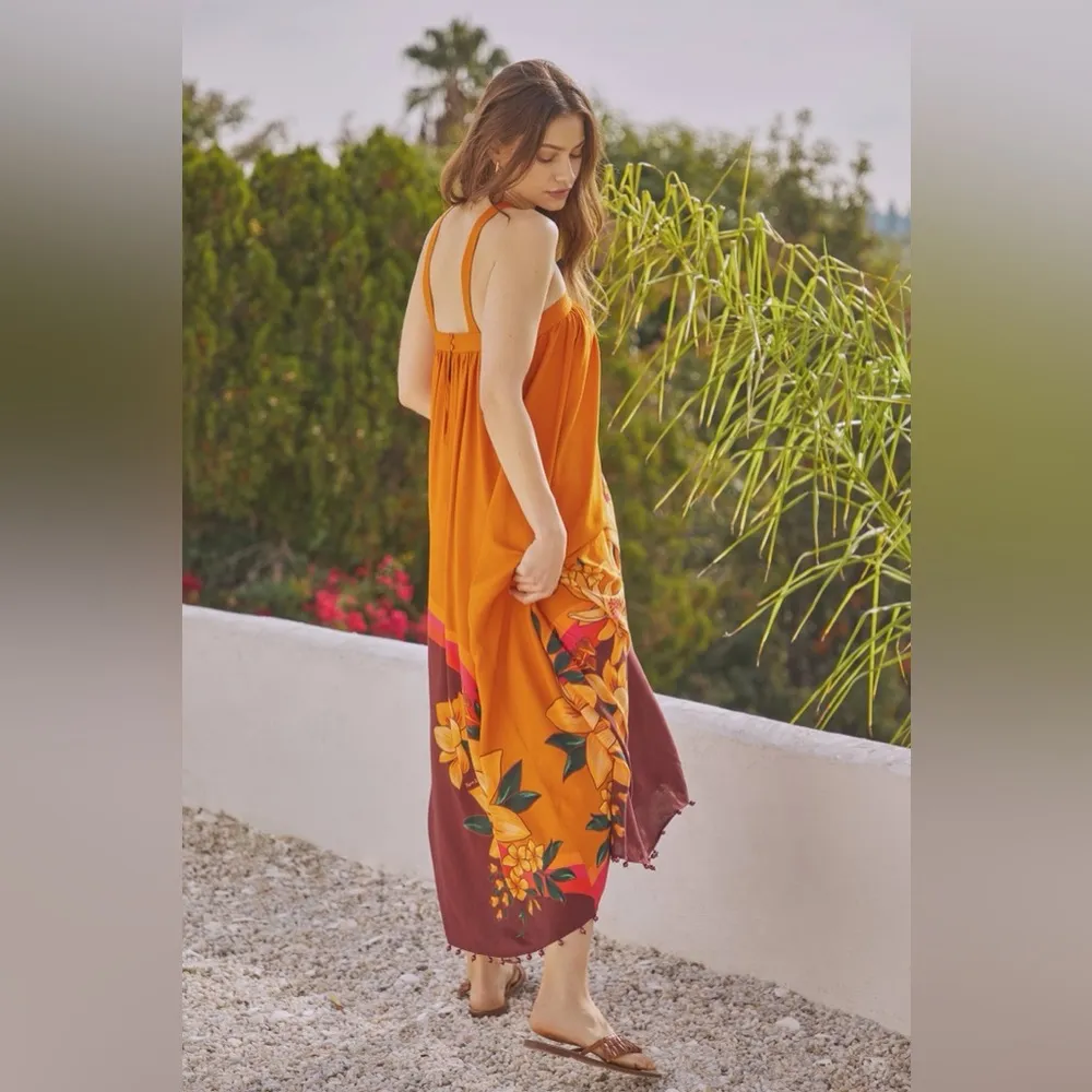 FARM RIO Orange Boho Maxi Dress Pinafore Cover Up Floral Whimsy Brown Size S NEW - Image 2