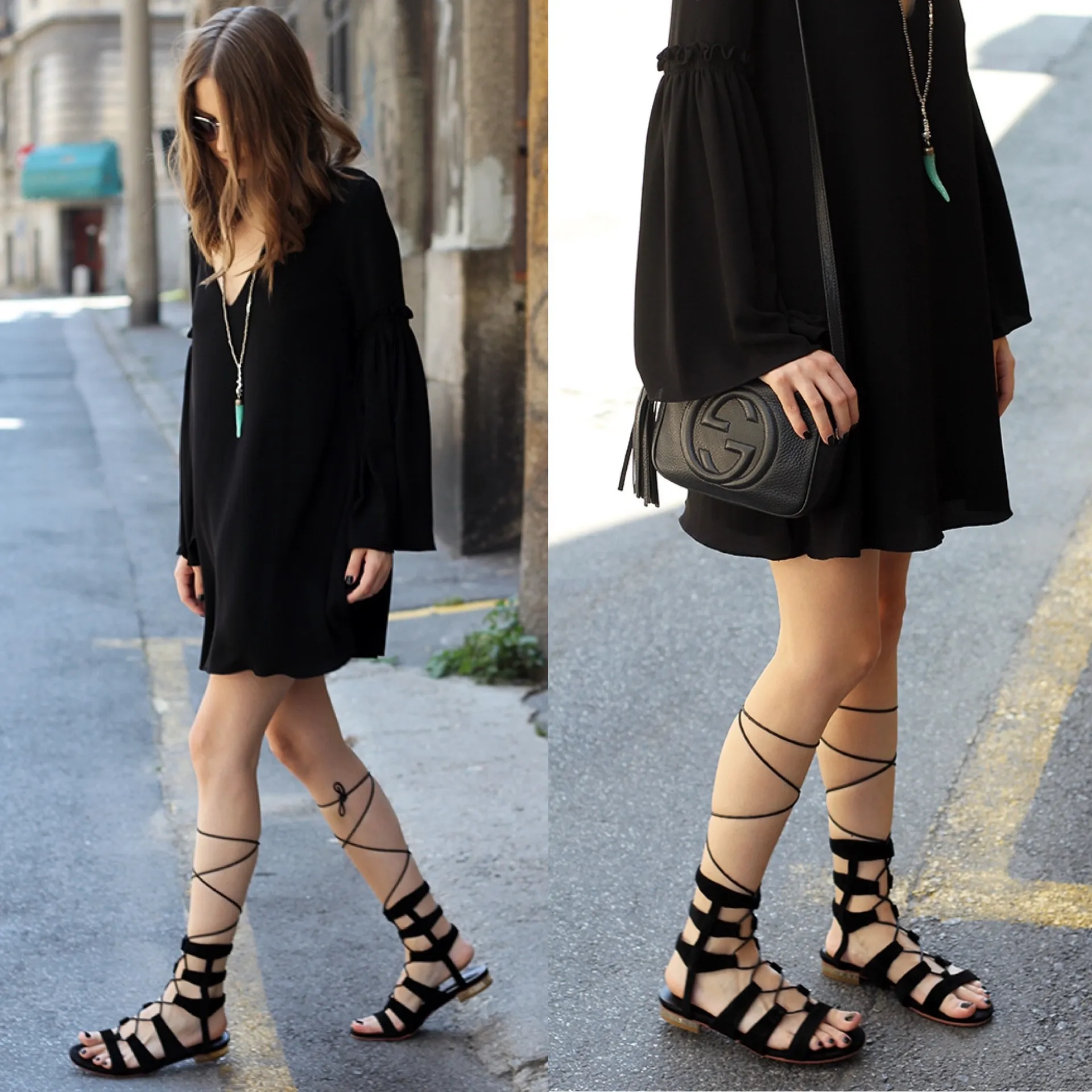 Black Faux Suede Lace Up Gladiator Boho Bohemian Sandals - Image 9