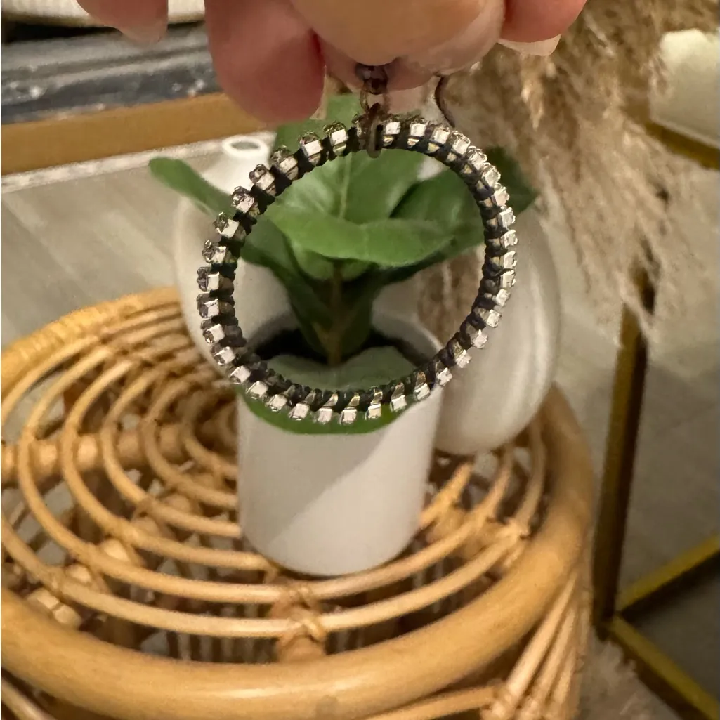 Saks Fifth Avenue Black and Silver Diamond Dangle Hoop Earrings - Image 8