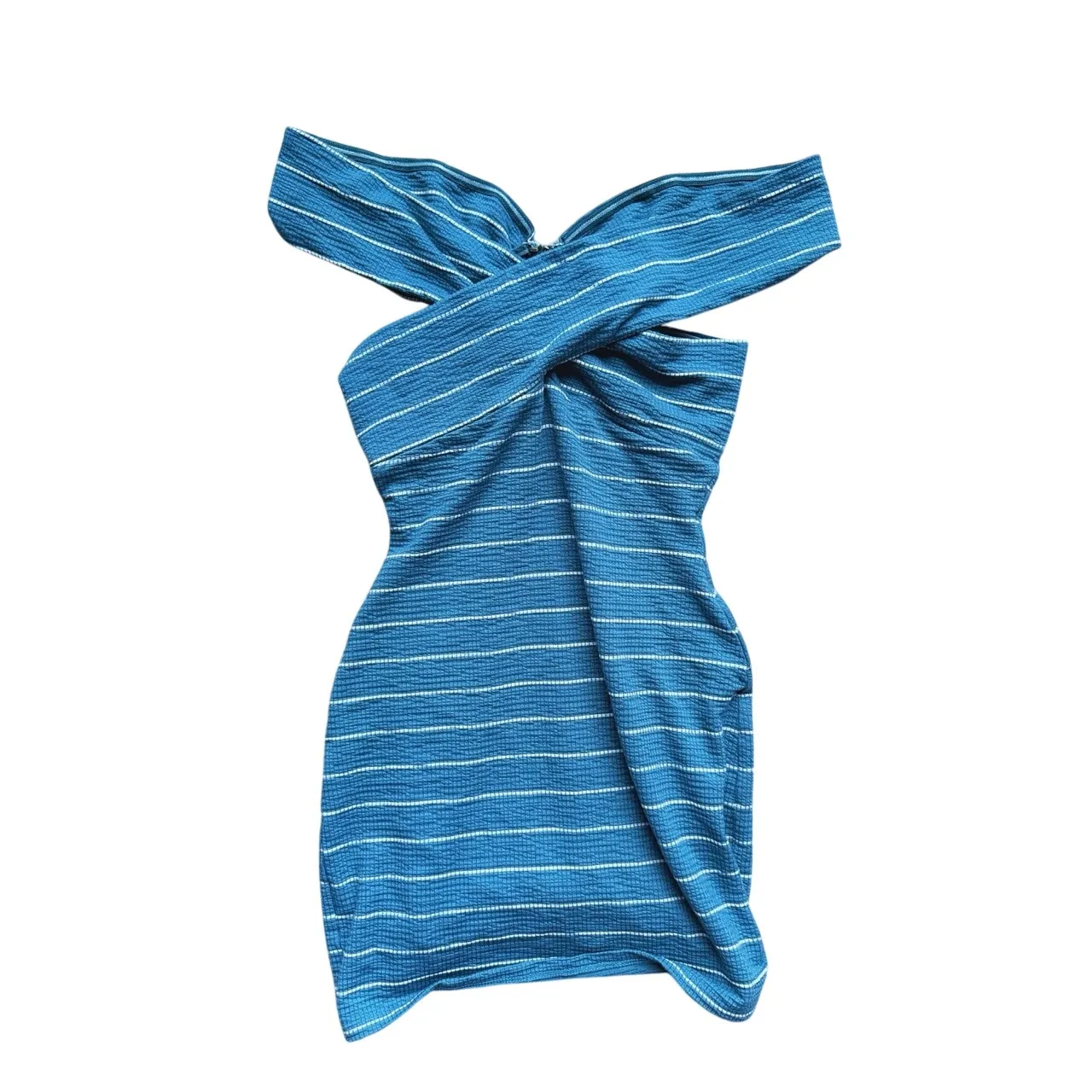 Privacy Please Y2K Off-Shoulder Wrap Front Mini Dress S Teal Striped Party Club - Image 4