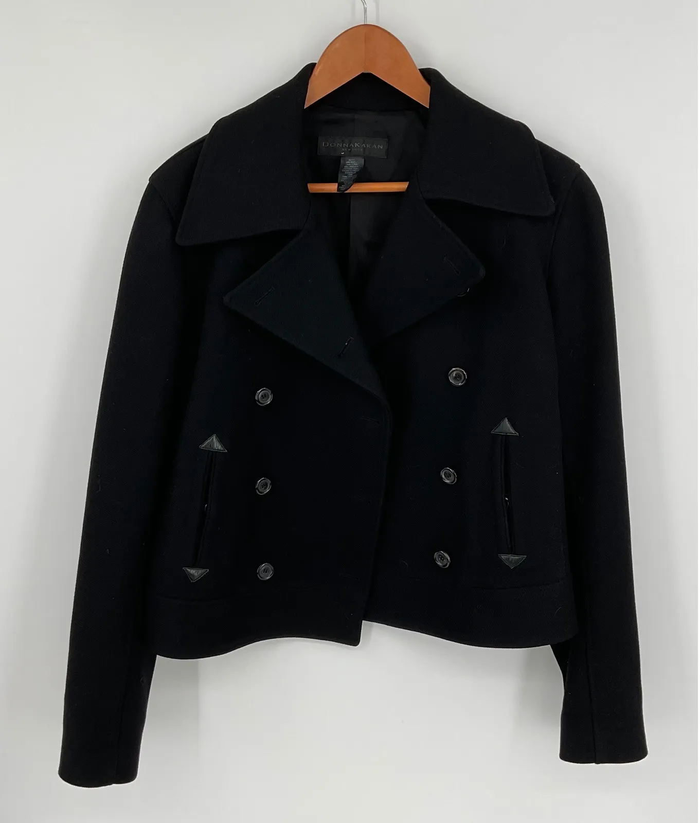 Donna Karan Black Wool Leather Trim Double Breasted Peacoat Jacket Womens - Image 1