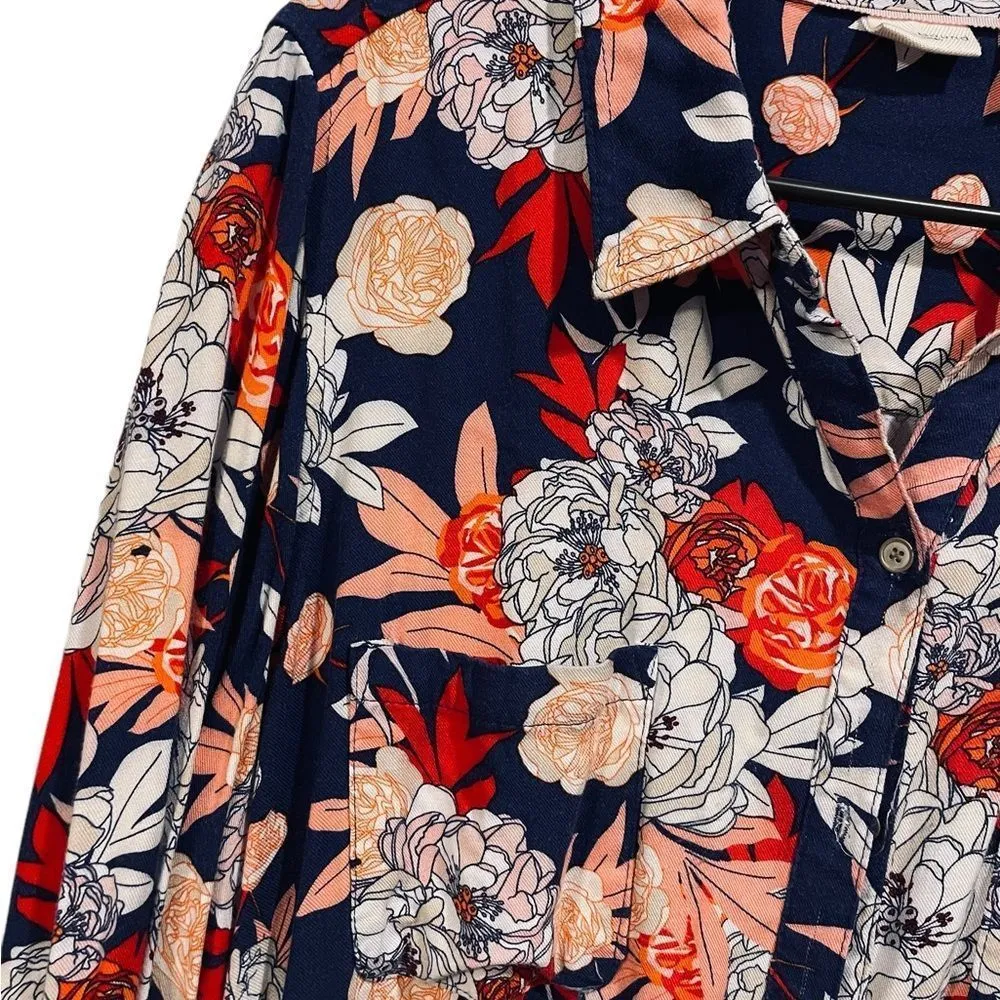 Westbound Plus Artsy Romantic Blue Floral Long Sleeve Babydoll Button Blouse - Image 3