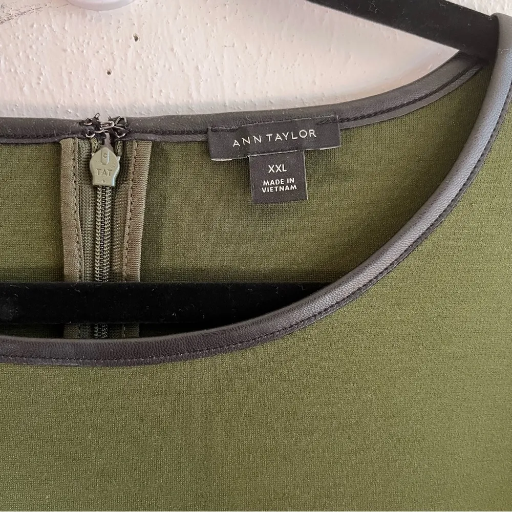 Ann Taylor Blouse Olive Green w/ Faux Leather Trim Peplum Long Sleeve Sz XXL EUC - Image 4