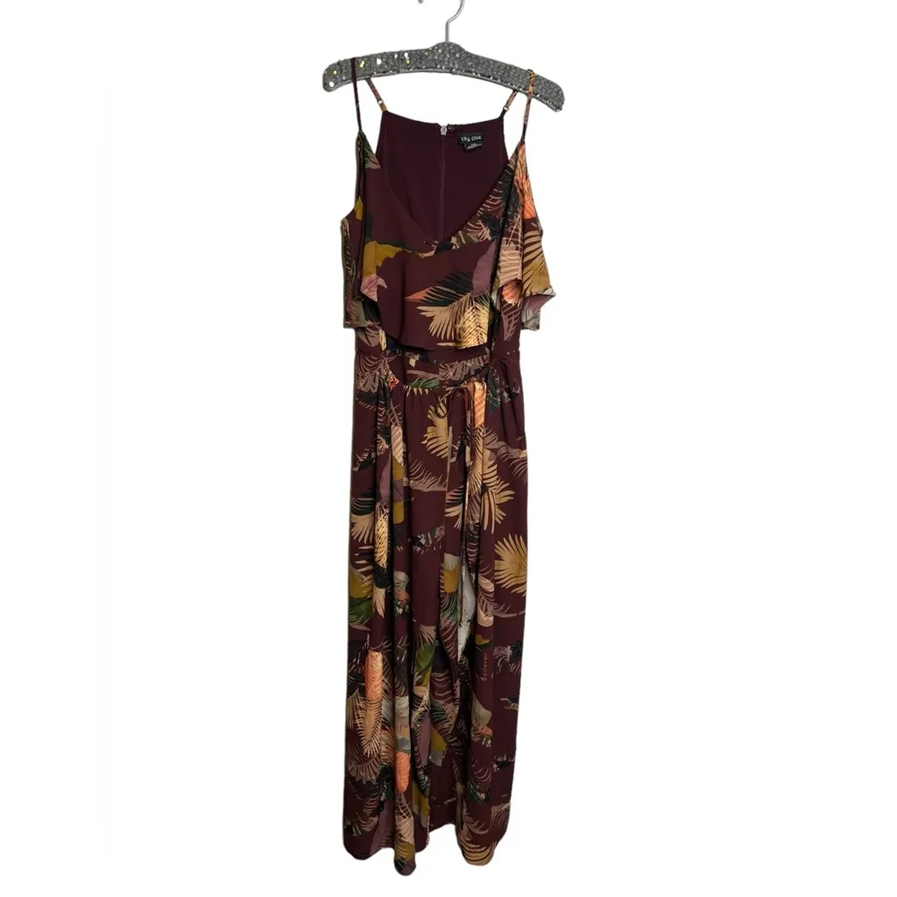 City Chic Tropic Heat Tropical Flowy Burgundy Wrap Wide Leg Jumpsuit Sz 16 - Image 3