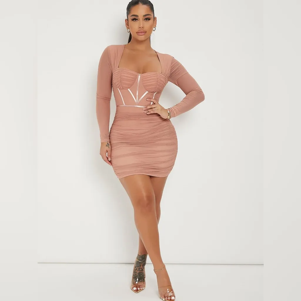4/$25 NWT SHEIN TrendsL'Amorae Ruched Mesh Bustier Bodycon Dress Dusty Pink Sz L - Image 4
