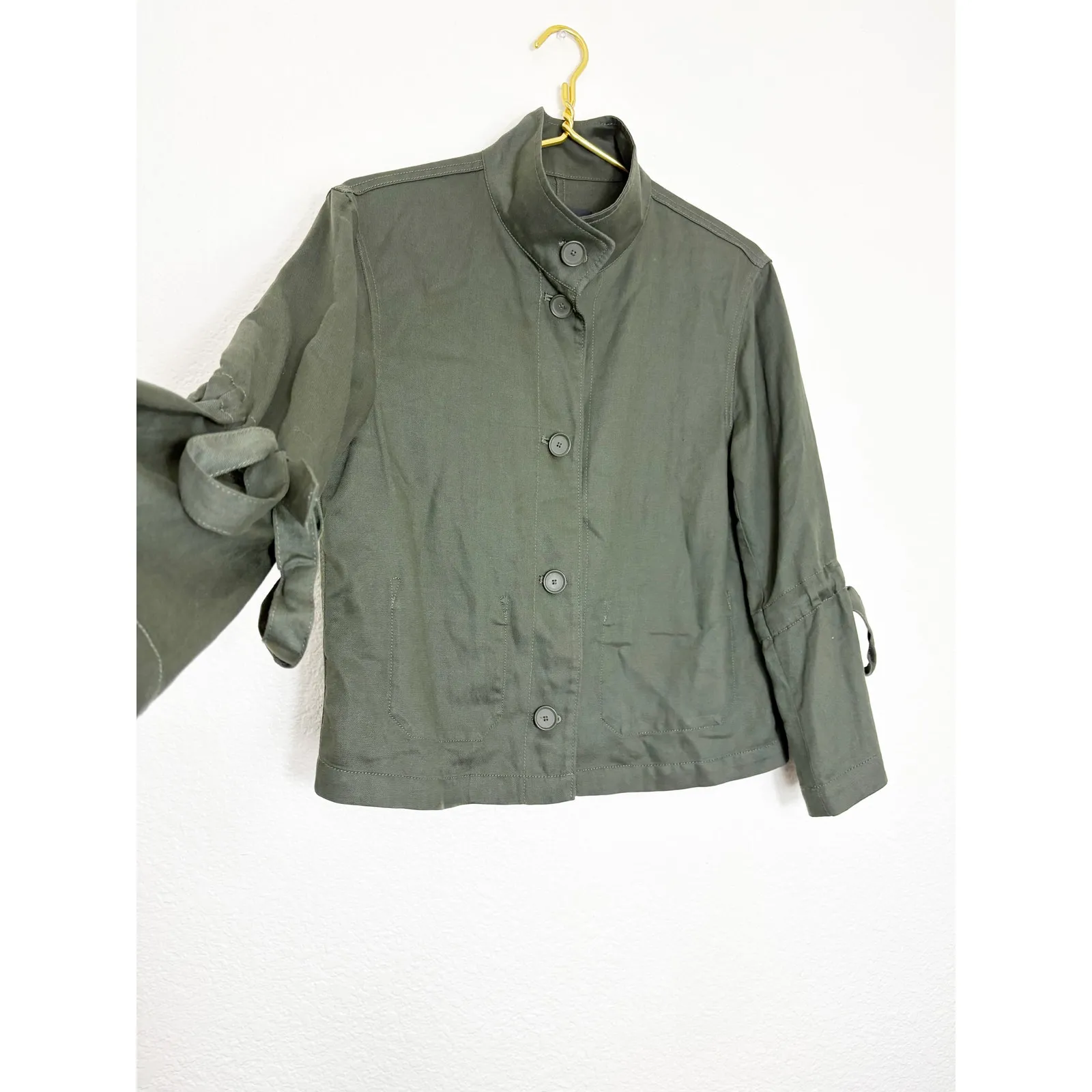 Club Monaco Hardy Top Shirt Jacket Size Small Olive Green Funnel Neck Linen - Image 9