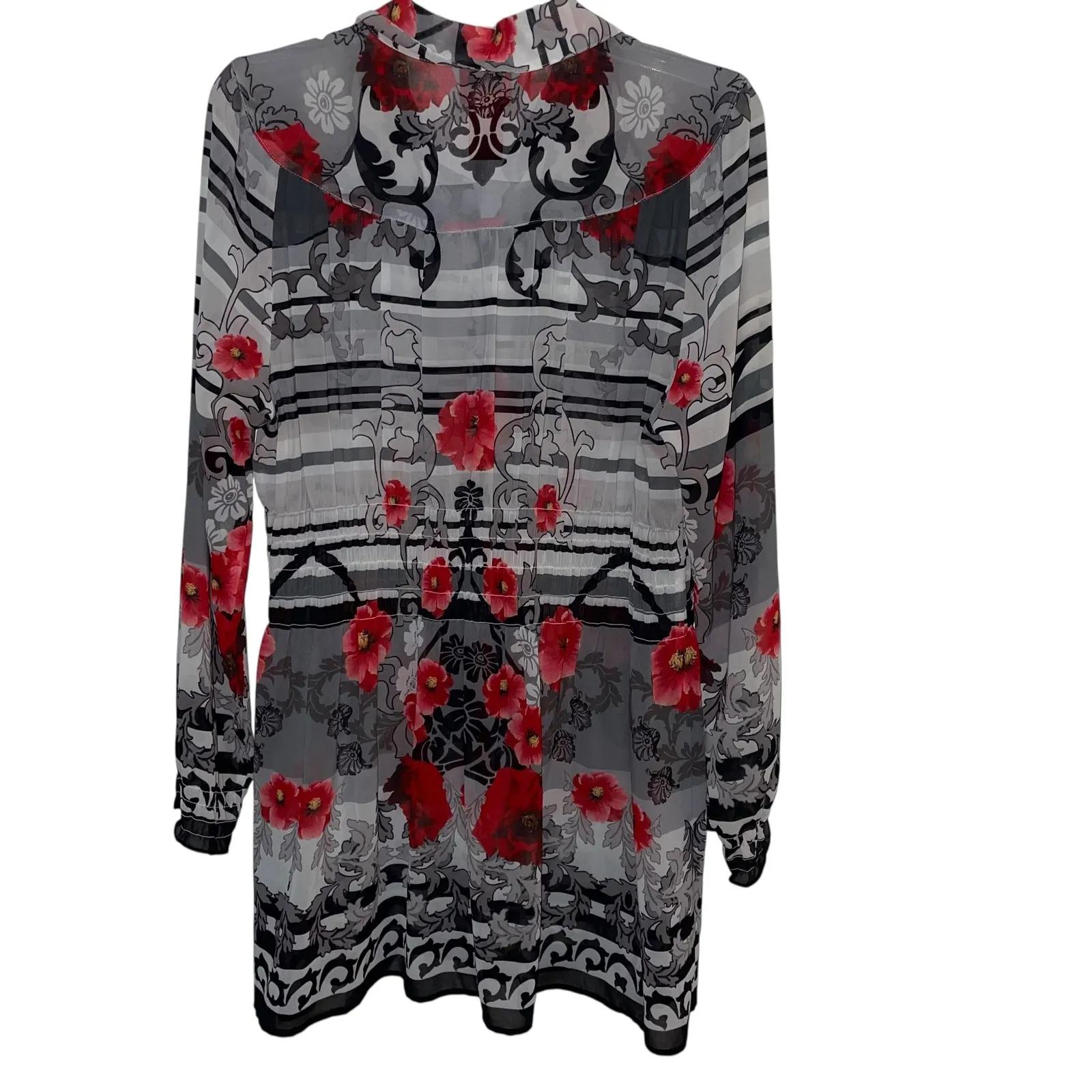Cristina Creations Floral Tunic Top Womens L Long Sleeve‎ Sheer Gray Red Size L - Image 6