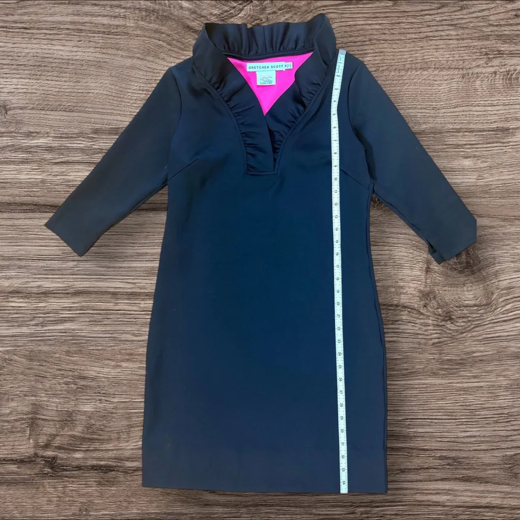 GRETCHEN SCOTT Ruffneck Dress Solid Black/Pink Ruffle Neck 3/4 Sleeve Size M - Image 7