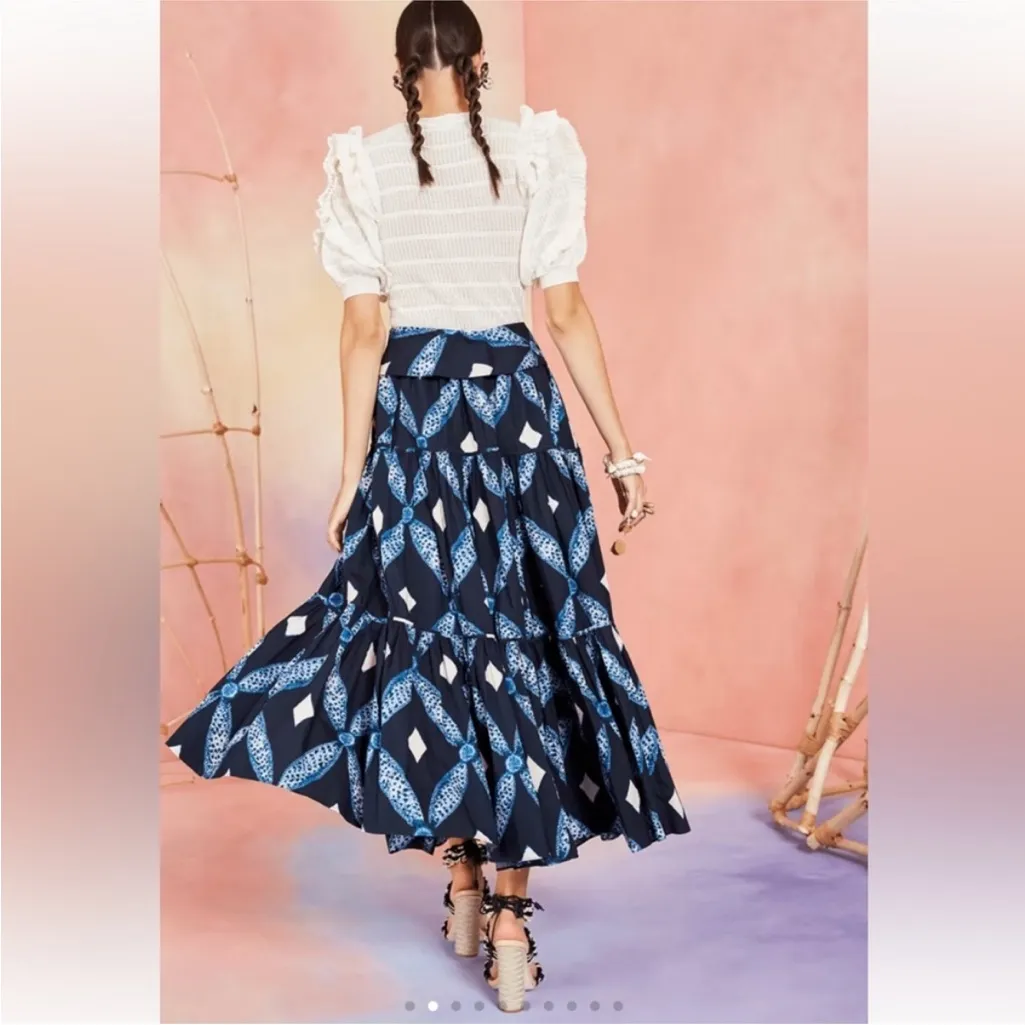 Ulla Johnson Eiko Skirt Indigo Size 2 Diamond Shibori Print Cotton Poplin Blue - Image 2