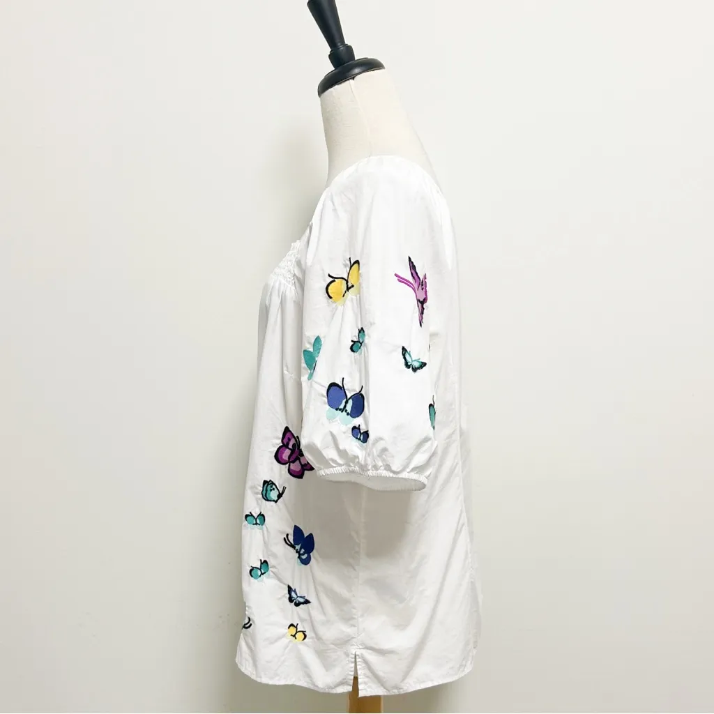 Talbots White Embroidered Butterflies Square Neck Elbow Puff Sleeve Poplin Top - Image 3