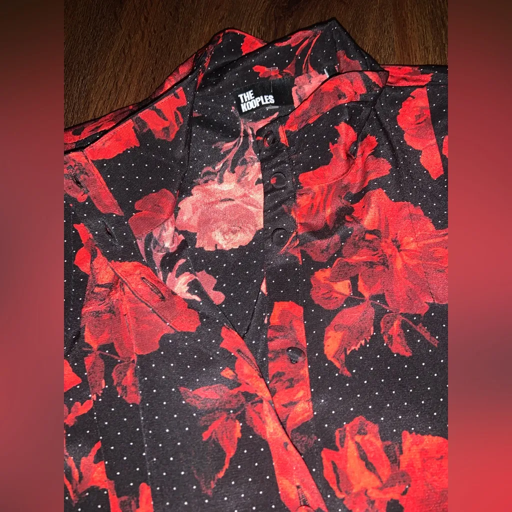 THE KOOPLES SILK SHIRT DRESS silk nwot dots & roses red designer formal $600 - Image 11