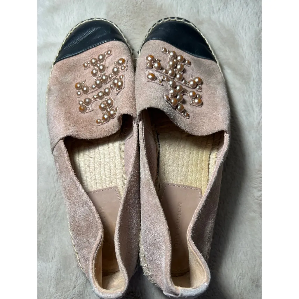 Tory Burch Pink Suede Espadrille Flats W/ Pearl Logo & Black Toe Cap - Image 10