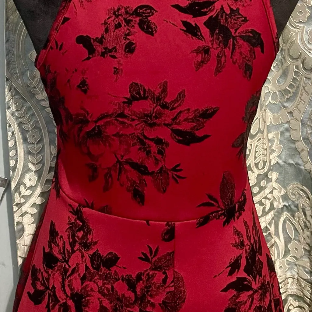 Deep Red & Black VINTAGE Floral Halter Dress Size Large Fit & Flare Try!This - Image 9