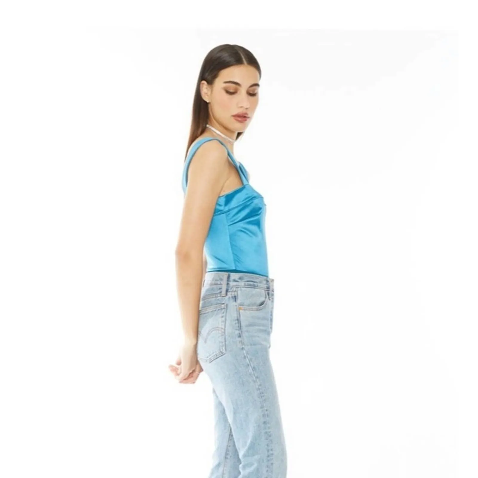 NWT 4SI3NNA Daniela satin teal bodysuit Blue - Image 3