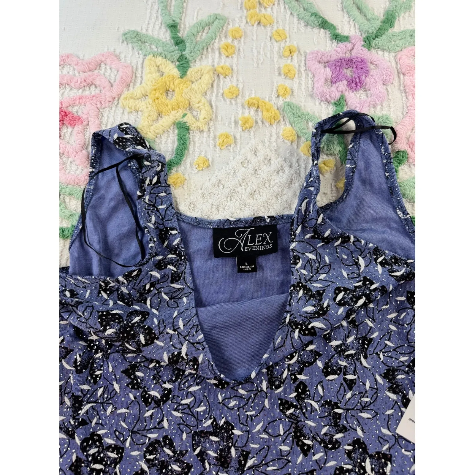 Alex Evenings Blue Floral Glitter 2 Piece Jacket Tank Top Set Women's Size S - Image 15