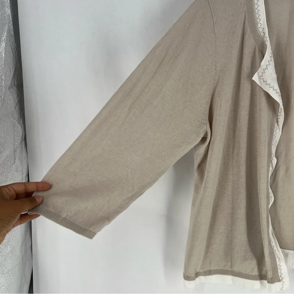 Coldwater Creek Light Tan Linen Open Front Woven Trim Cardigan Sweater Size 2X - Image 3